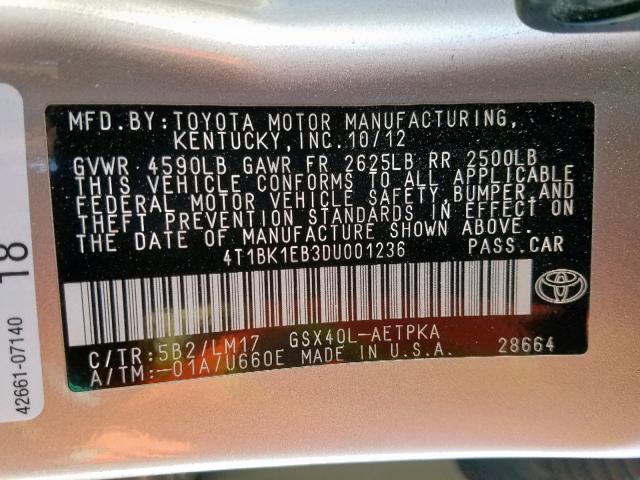 4T1BK1EB3DU001236 - 2013 TOYOTA AVALON BAS SILVER photo 10