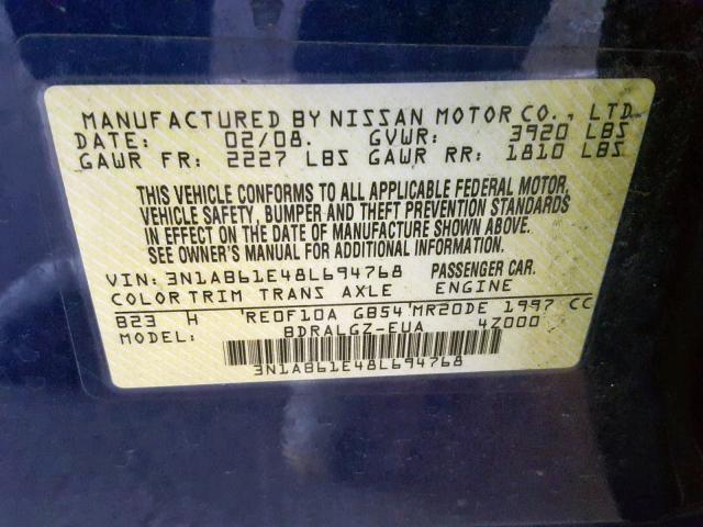 3N1AB61E48L694768 - 2008 NISSAN SENTRA 2.0 BLUE photo 10