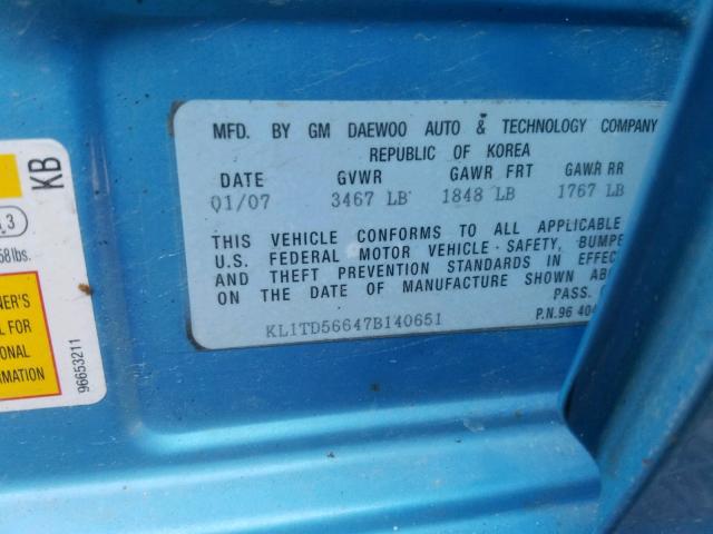 KL1TD56647B140651 - 2007 CHEVROLET AVEO BASE Mavi foto 10