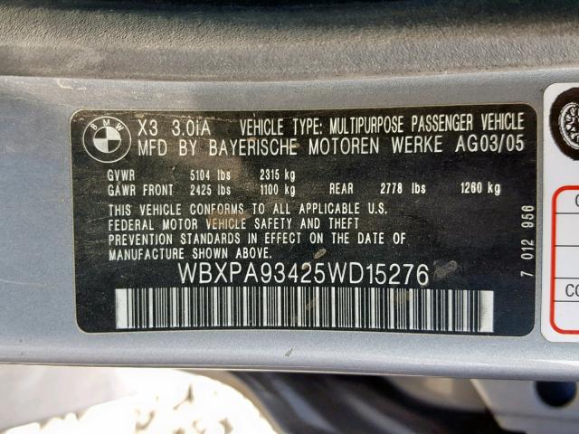 WBXPA93425WD15276 - 2005 BMW X3 3.0I GRAY photo 10