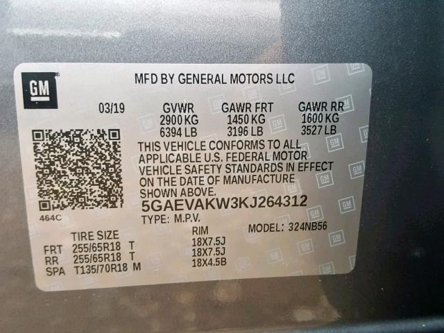 5GAEVAKW3KJ264312 - 2019 BUICK ENCLAVE ES GRAY photo 10