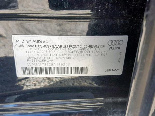 WAUAF78E28A135253 - 2008 AUDI A4 2.0T BLACK photo 10