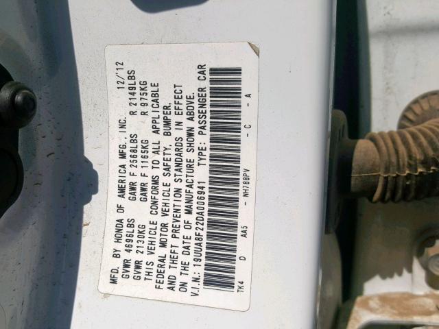 19UUA8F22DA006941 - 2013 ACURA TL WHITE photo 10