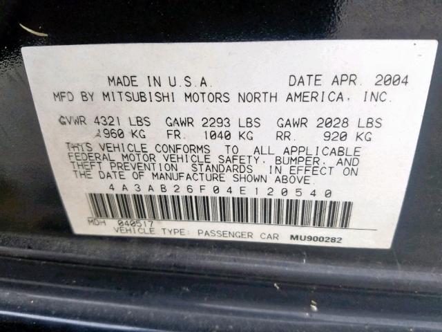 4A3AB26F04E120540 - 2004 MITSUBISHI GALANT DE BLACK photo 10