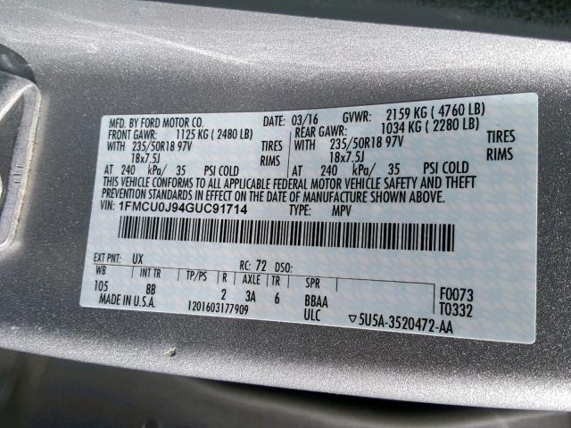 1FMCU0J94GUC91714 - 2016 FORD ESCAPE TIT SILVER photo 10