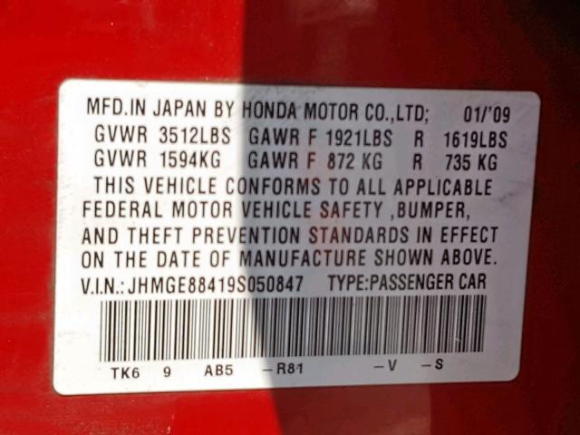 JHMGE88419S050847 - 2009 HONDA FIT SPORT RED photo 10