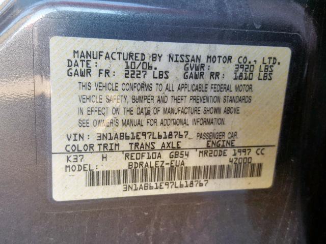 3N1AB61E97L618767 - 2007 NISSAN SENTRA 2.0 GRAY photo 10