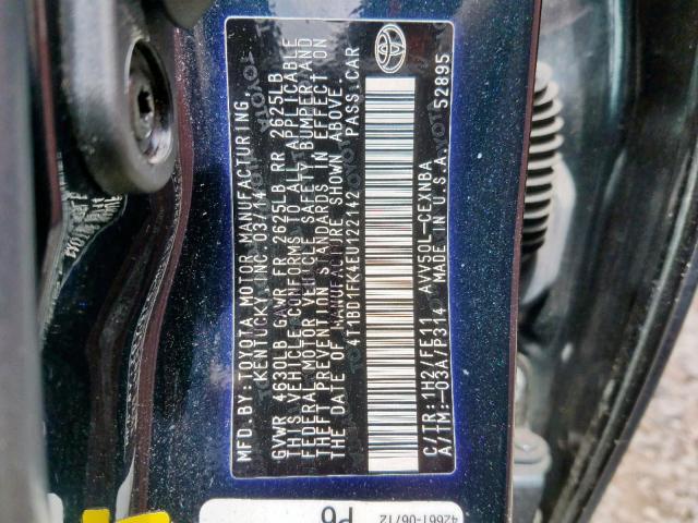 4T1BD1FK4EU122142 - 2014 TOYOTA CAMRY HYBR BLUE photo 10