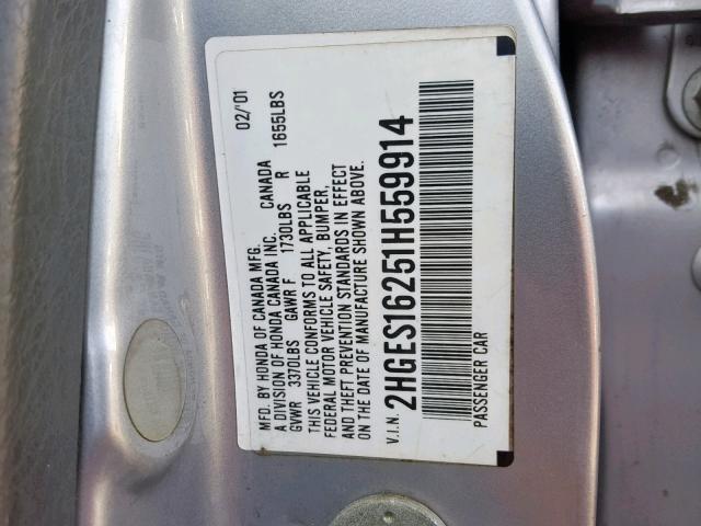 2HGES16251H559914 - 2001 HONDA CIVIC DX SILVER photo 10