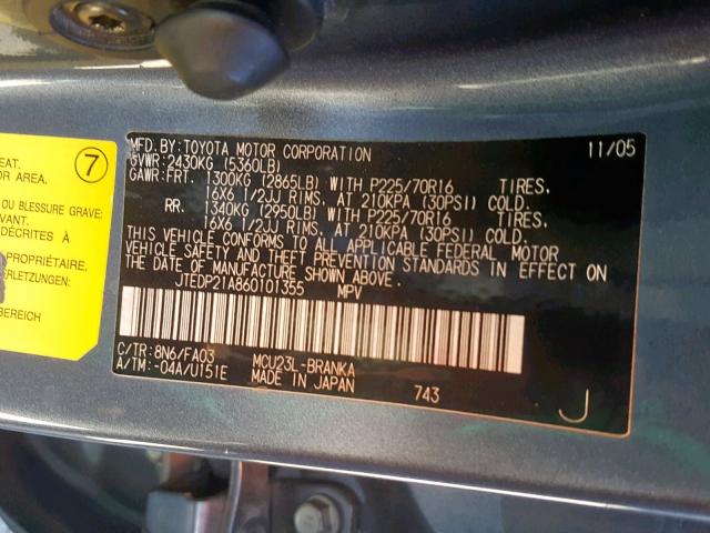 JTEDP21A860101355 - 2006 TOYOTA HIGHLANDER BLUE photo 10