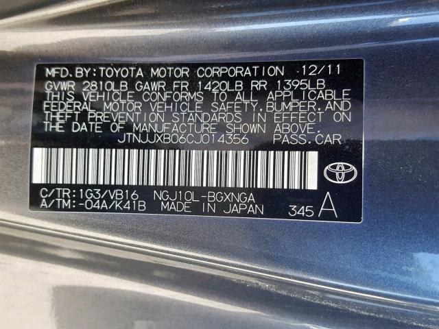 JTNJJXB06CJ014356 - 2012 TOYOTA SCION IQ GRAY photo 10