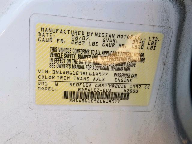 3N1AB61E98L614977 - 2008 NISSAN SENTRA 2.0 WHITE photo 10