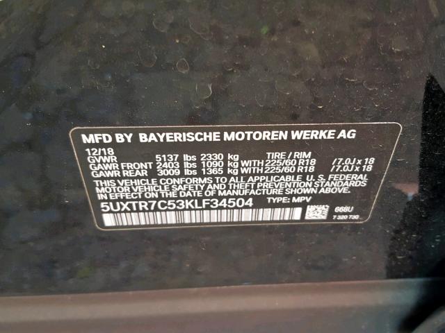 5UXTR7C53KLF34504 - 2019 BMW X3 SDRIVE3 BLACK photo 10