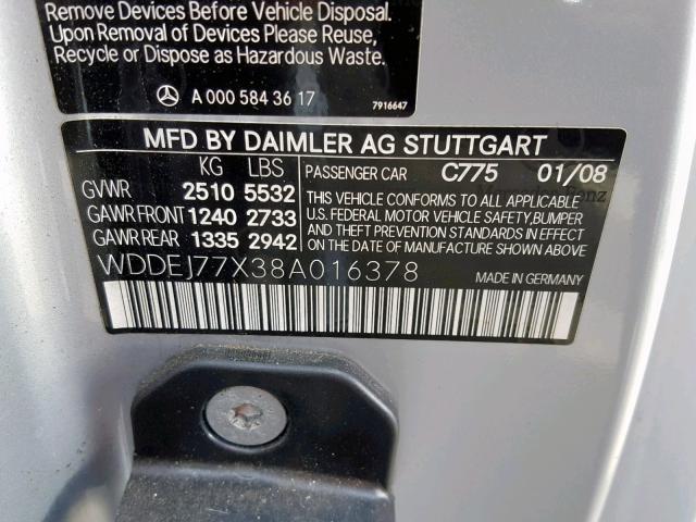 WDDEJ77X38A016378 - 2008 MERCEDES-BENZ CL 63 AMG SILVER photo 10