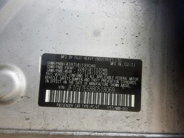 JF1GV7E68BG518069 - 2011 SUBARU IMPREZA WR SILVER photo 10