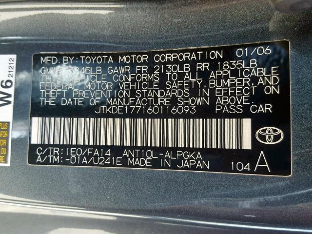JTKDE177160116093 - 2006 TOYOTA SCION TC ნაცრისფერი ფოტო 10
