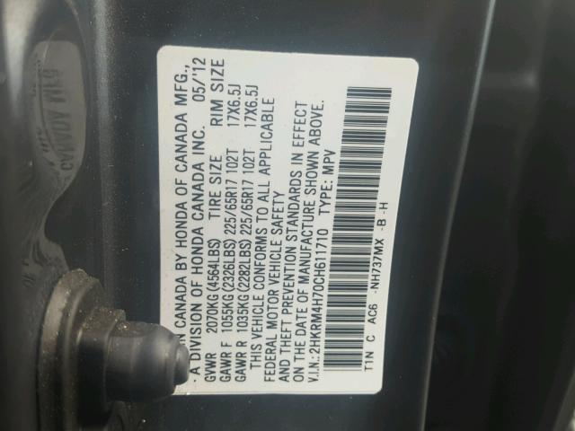 2HKRM4H70CH611710 - 2012 HONDA CR-V EXL GRAY photo 10