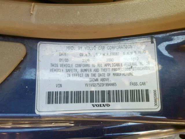 YV1VS27523F994465 - 2003 VOLVO S40 1.9T BLUE photo 10