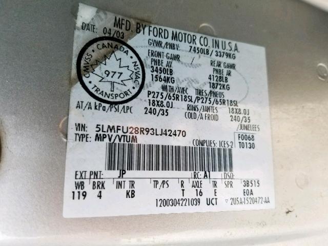 5LMFU28R93LJ42470 - 2003 LINCOLN NAVIGATOR ვერცხლისფერი ფოტო 10