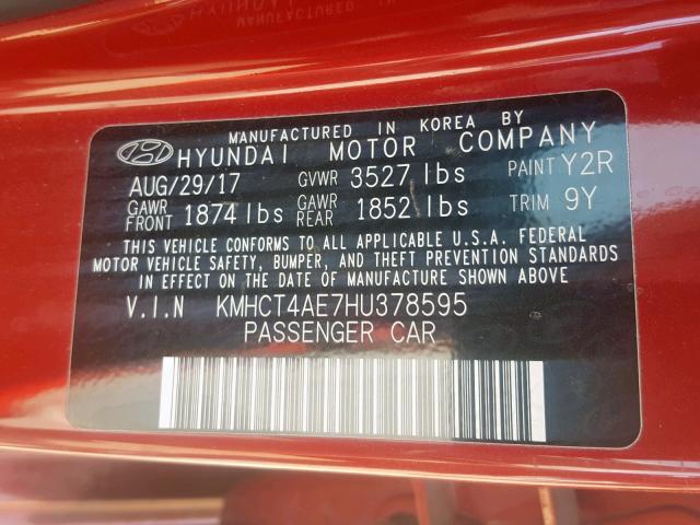 KMHCT4AE7HU378595 - 2017 HYUNDAI ACCENT SE RED photo 10