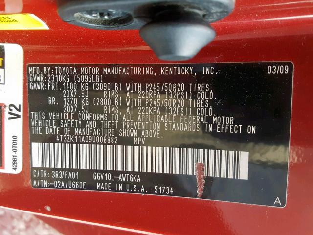 4T3ZK11A09U008882 - 2009 TOYOTA VENZA RED photo 10