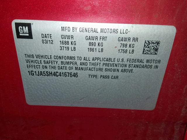 1G1JA5SH4C4167646 - 2012 CHEVROLET SONIC LS RED photo 10