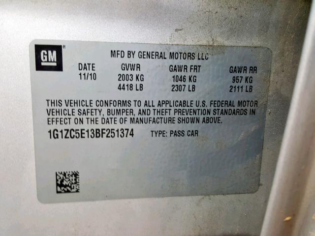 1G1ZC5E13BF251374 - 2011 CHEVROLET MALIBU 1LT 银色 照片 10