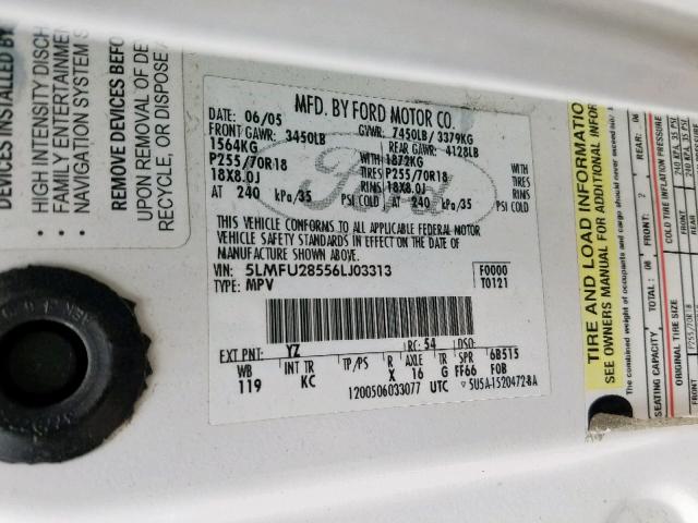 5LMFU28556LJ03313 - 2006 LINCOLN NAVIGATOR თეთრი ფოტო 10