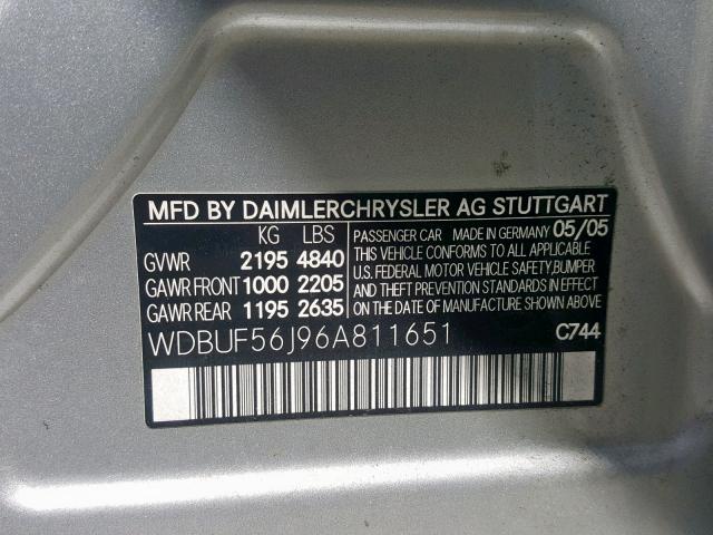 WDBUF56J96A811651 - 2006 MERCEDES-BENZ E 350 SILVER photo 10