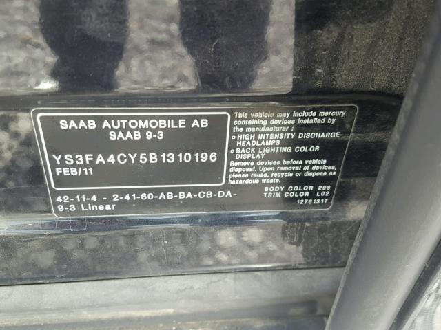 YS3FA4CY5B1310196 - 2011 SAAB 9-3 2.0T BLACK photo 10