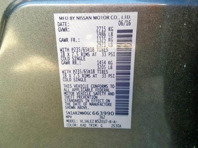 5N1AR2MN0GC663990 - 2016 NISSAN PATHFINDER GRAY photo 10