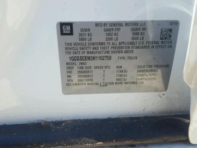 1GCGSCEN5H1162758 - 2017 CHEVROLET COLORADO L WHITE photo 10