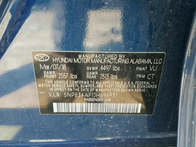 5NPE34AF1JH696931 - 2018 HYUNDAI SONATA SPO BLUE photo 10