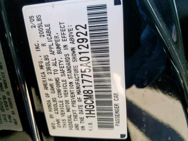 1HGCM81775A012922 - 2005 HONDA ACCORD EX BLACK photo 10