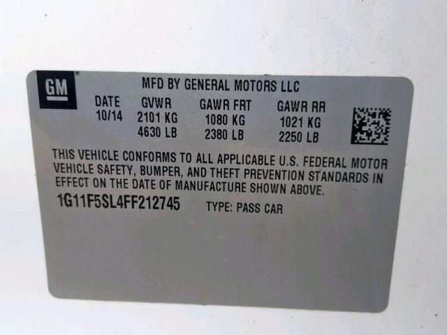 1G11F5SL4FF212745 - 2015 CHEVROLET MALIBU LTZ თეთრი ფოტო 10