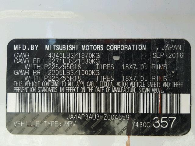 JA4AP3AU3HZ004659 - 2017 MITSUBISHI OUTLANDER WHITE photo 10