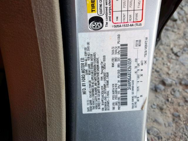 3FAHP0GAXCR261059 - 2012 FORD FUSION S SILVER photo 10