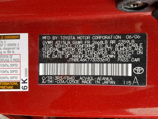 JTNBE46K773033690 - 2007 TOYOTA CAMRY NEW RED photo 10