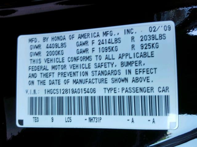 1HGCS12819A015406 - 2009 HONDA ACCORD EXL BLACK photo 10