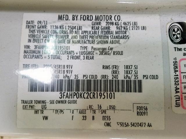 3FAHP0KC2CR195101 - 2012 FORD FUSION SPO WHITE photo 10