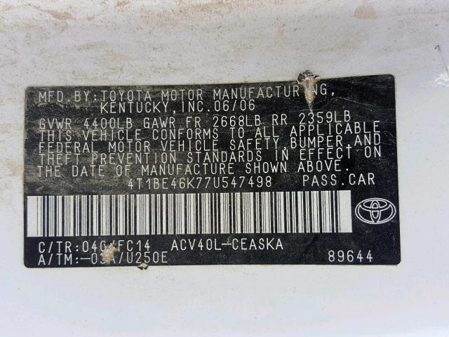 4T1BE46K77U547498 - 2007 TOYOTA CAMRY NEW WHITE photo 10