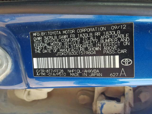 JTDKDTB30C1519604 - 2012 TOYOTA PRIUS C BLUE photo 10