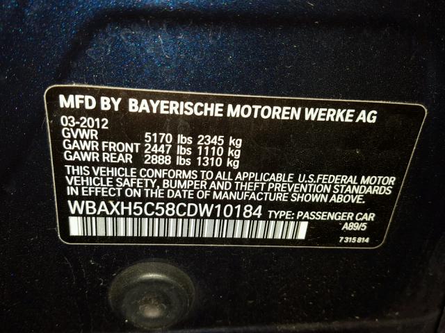 WBAXH5C58CDW10184 - 2012 BMW 528 XI BLUE photo 10