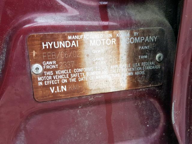 KMHWF25SX2A625447 - 2002 HYUNDAI SONATA GL BURGUNDY photo 10