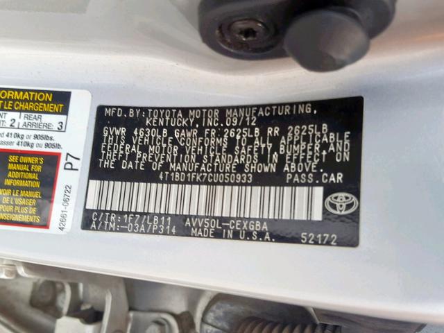 4T1BD1FK7CU050933 - 2012 TOYOTA CAMRY HYBR SILVER photo 10