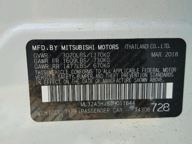 ML32A3HJ6JH011644 - 2018 MITSUBISHI MIRAGE ES WHITE photo 10