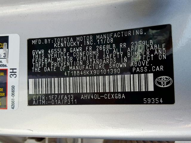 4T1BB46KX9U101390 - 2009 TOYOTA CAMRY HYBR SILVER photo 10