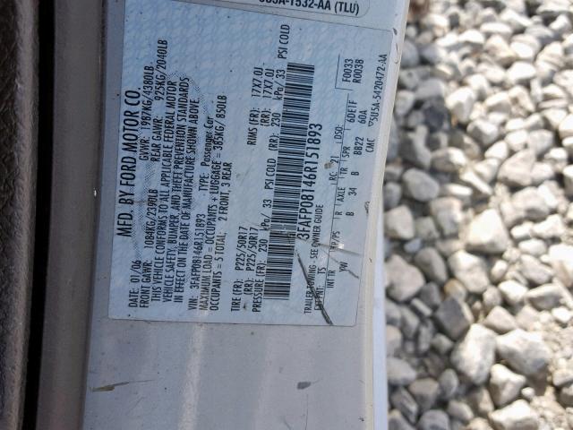 3FAFP08146R151893 - 2006 FORD FUSION SEL SILVER photo 10