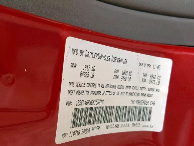 1B3EL46RX6N156716 - 2006 DODGE STRATUS SX RED photo 10