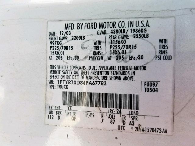 1FTYR10D84PA67783 - 2004 FORD RANGER WHITE photo 10